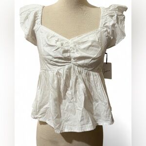Japna White Ruffled Short-Sleeved Blouse with a Sweetheart Neckline Size Large